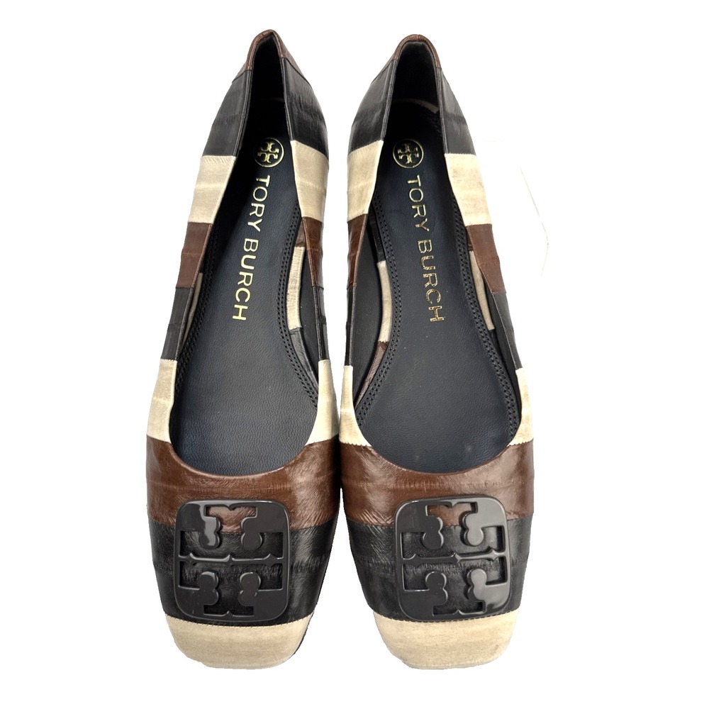 Tory Burch Square Toe Georgia Ballet Flats Size 9.5 Stripe Eel Leather Brown Tan